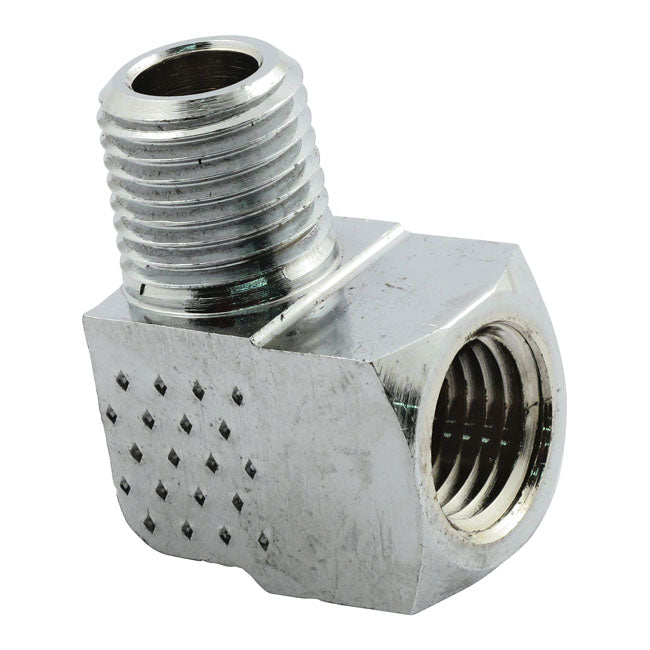 Adapter oil line fitting, 90 degrees. 1/4" NPT. Chrome