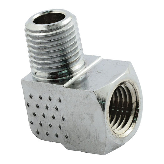 Adapter oil line fitting, 90 degrees. 1/4" NPT. Chrome