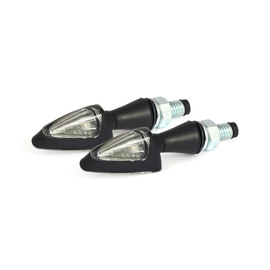 Black peak, LED turn signals. Black. Clear lens