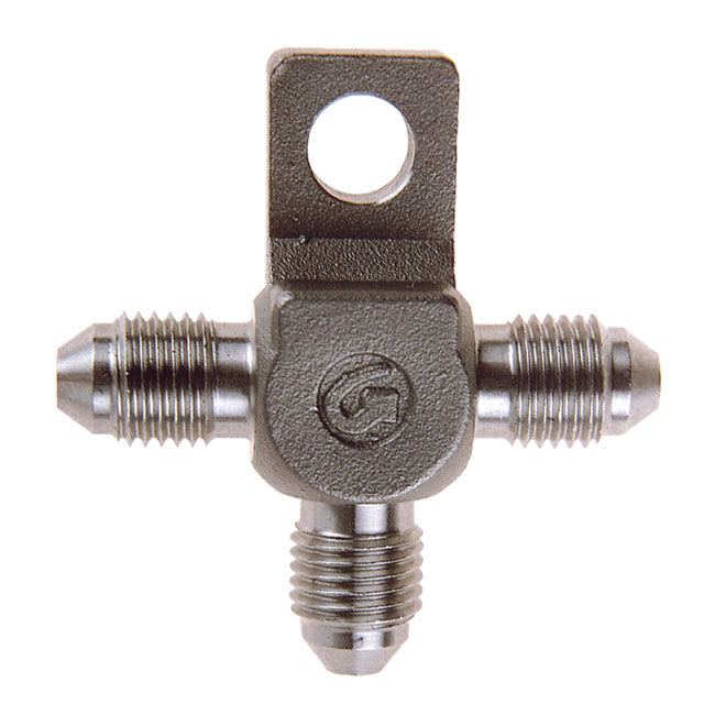 Goodridge t-fitting, with mount tab. Stainless steel