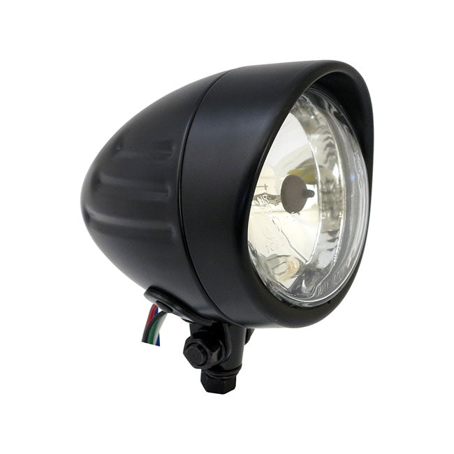 Bullet 4" H4 headlamp. Ribbed & visor. Black