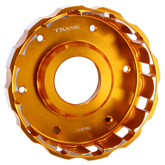 Trask, M8 billet clutch basket. Hard anodized gold