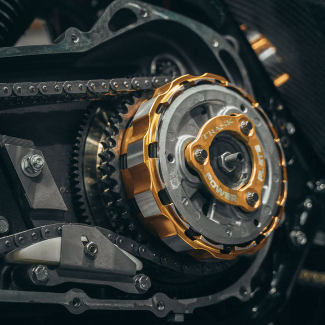 Trask, M8 billet clutch basket. Hard anodized gold