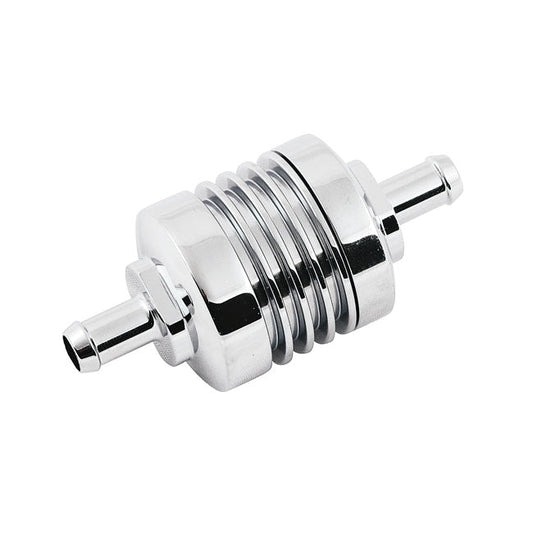 Fuel filter ribbed for 5/16" fuel hose. Chrome
