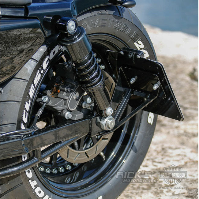 *14 DAYS EXTRA TRANSIT TIME* Rick''s Motorcycles, side mount license plate kit short.Black