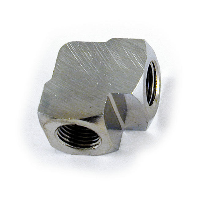 Oil gauge fitting 90° 1/8 NPT to 1/8" NPT. Chrome