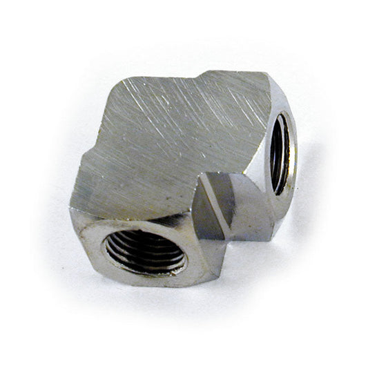Oil gauge fitting 90° 1/8 NPT to 1/8" NPT. Chrome