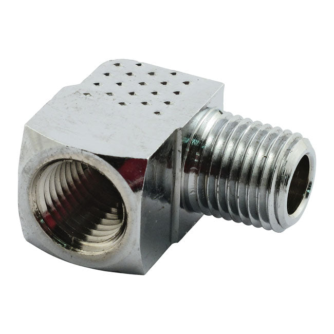 Adapter oil line fitting, 90 degrees. 1/4" NPT. Chrome
