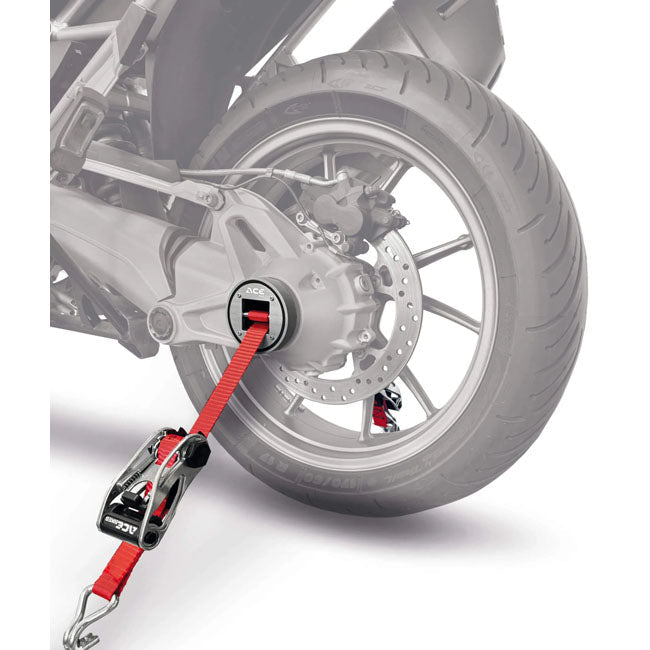 AceBikes, CapStrap BMW open axle tie-down system