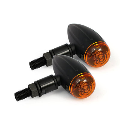 Micro bullet, 12v halogen turn signals. Black, grooved