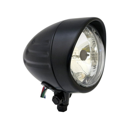 Bullet 4" H4 headlamp. Ribbed & visor. Black