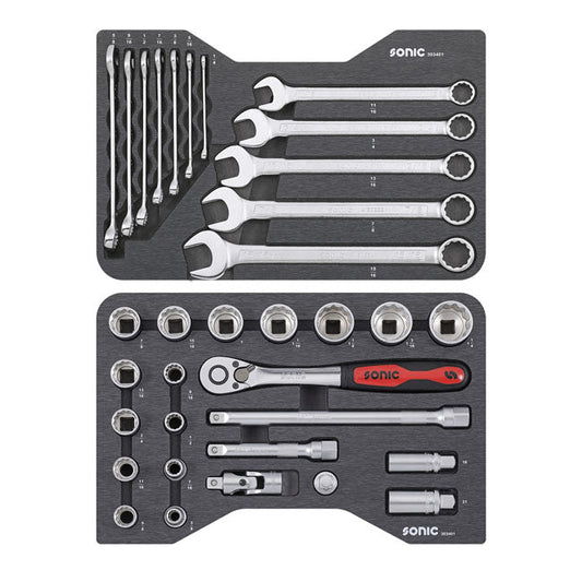 Sonic, combination socket/wrench set 1/2'''', 34-piece. US/SAE
