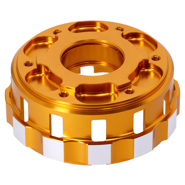 Trask, M8 billet clutch basket. Hard anodized gold