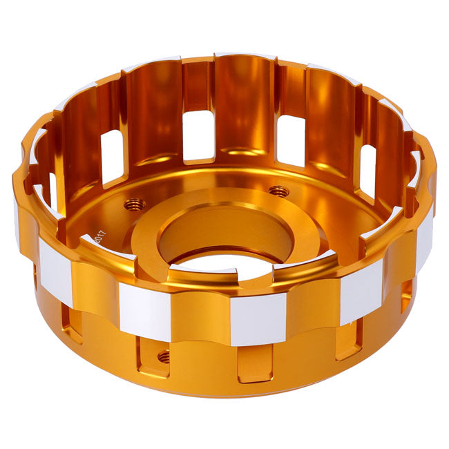 Trask, M8 billet clutch basket. Hard anodized gold