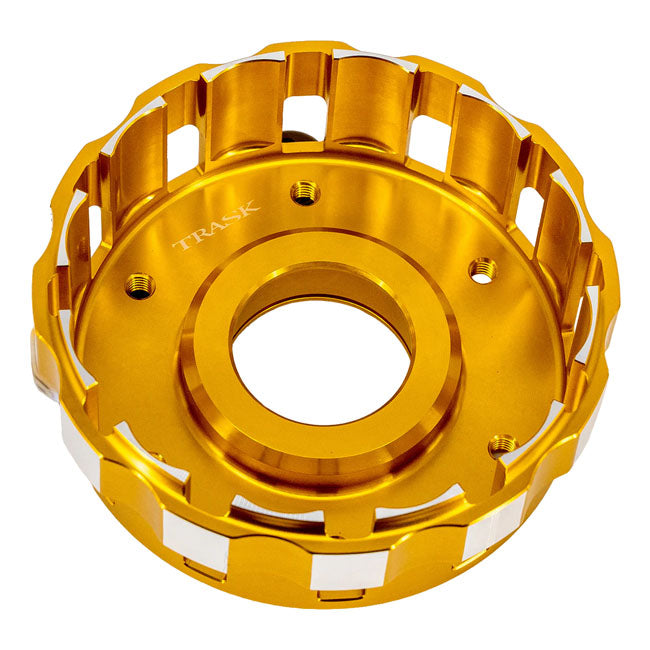 Trask, M8 billet clutch basket. Hard anodized gold